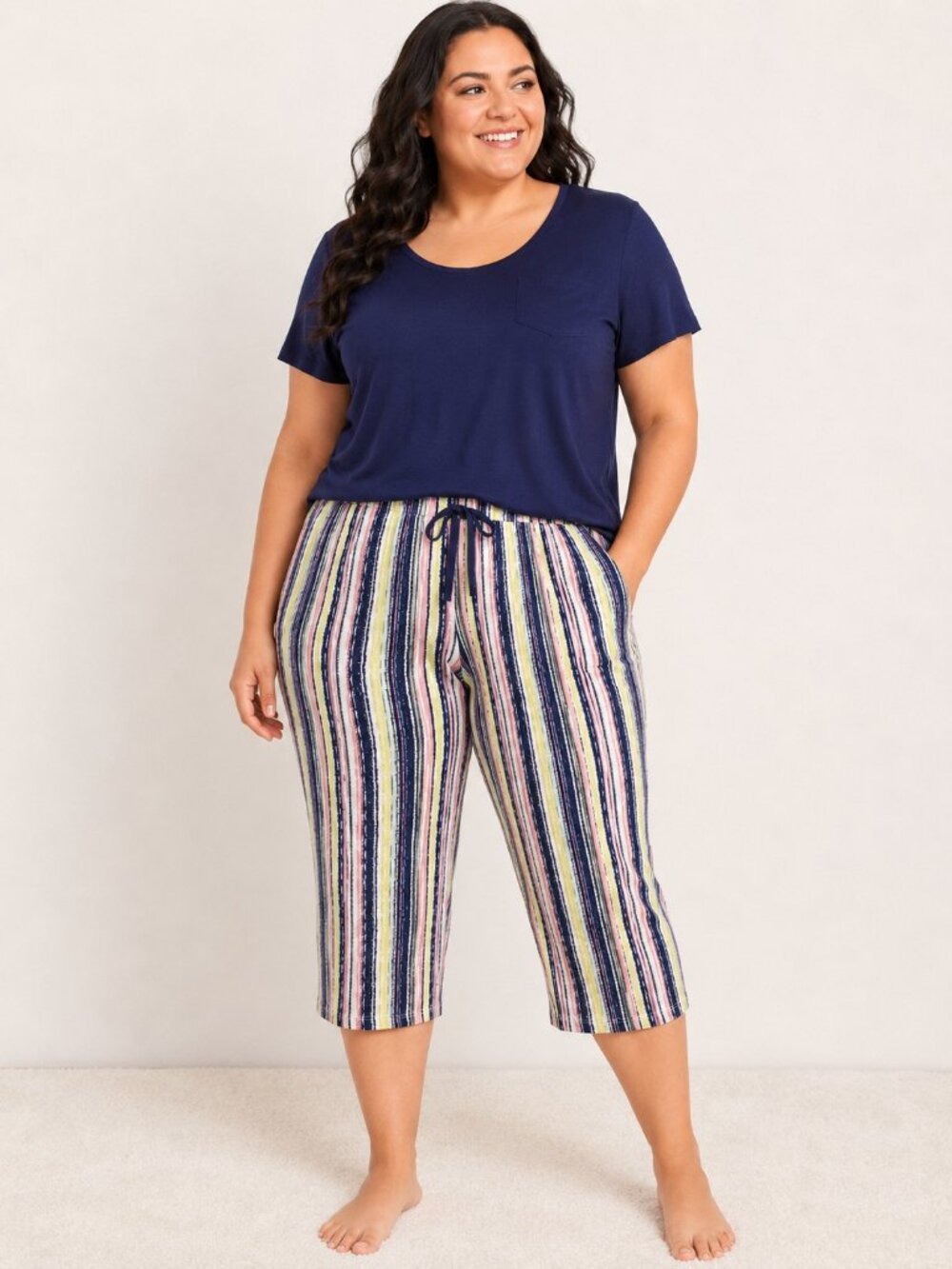 New Directions NWT 2X Multicolor Striped Cotton Rayon Capri Pajama Pants Pull-On